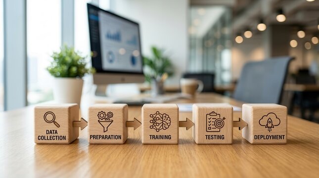 Machine learning model lifecycle concept featuring data collection, preparation, training, testing, and deployment.