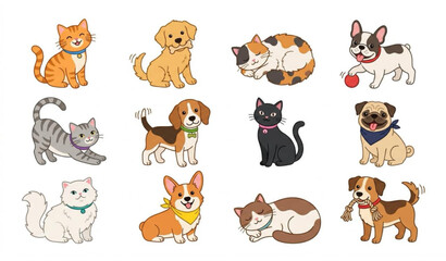 Fototapeta premium ‎Cute Pet Cats and Dogs Vector Collection with Playful Animal Characters