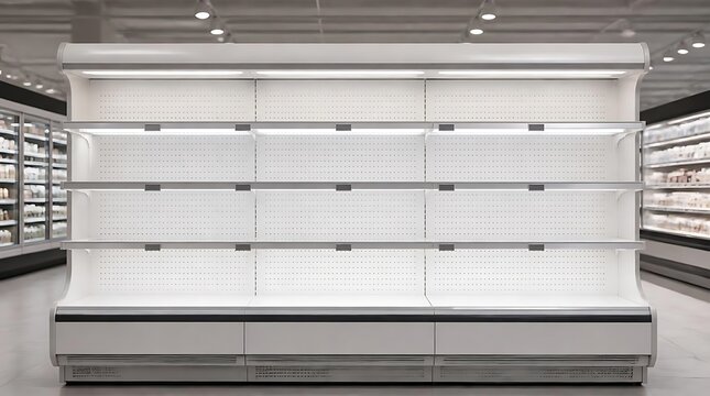 Empty supermarket refrigerator shelves, showcasing a lack of products and potential supply chain issues.