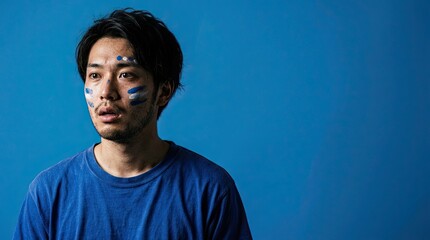 Obraz premium A shocked young man with blue and white face paint, a World Cup fan, looks on with wide eyes against a blue backdrop.