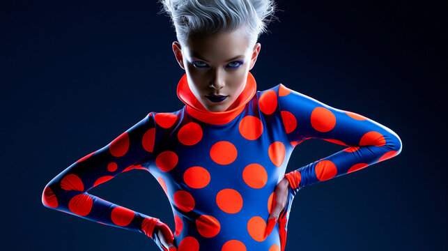 Eine schlanke Frau in einem rot-blauen Punkte-Bodysuit mit Rollkragen und wei&szlig;er Hochsteckfrisur posiert selbstbewusst vor dunkelblauem Hintergrund
