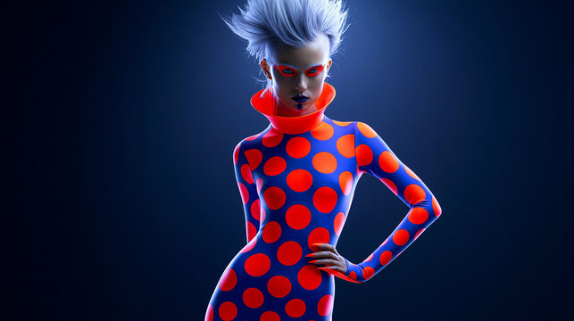 Eine schlanke Frau in einem rot-blauen Punkte-Bodysuit mit Rollkragen und wei&szlig;er Hochsteckfrisur posiert selbstbewusst vor dunkelblauem Hintergrund