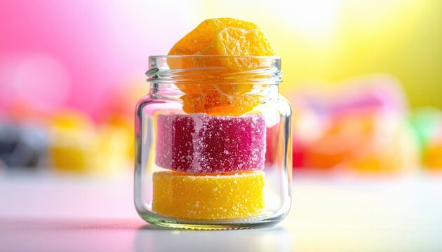 Artfully Stacked Fruit Flavored Rock Candy in a Clear Glass Jar
