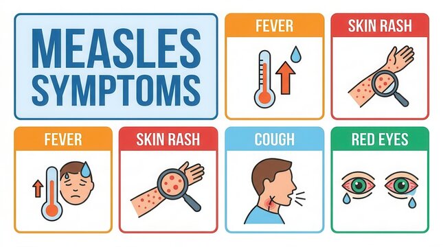 Measles symptoms and viral infection signs for pediatric healthcare education and vaccination awareness.