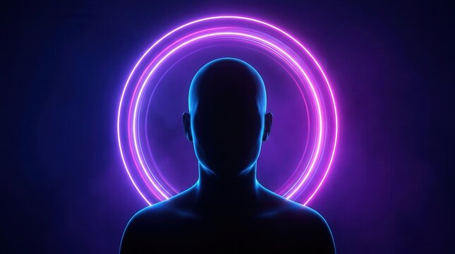 A dark background with a glowing neon circle behind a human silhouette representing futuristic identity.