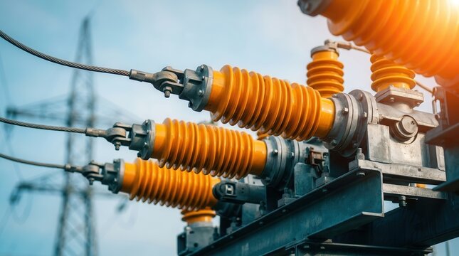 Electrical insulators and power lines in a distribution substation providing high voltage energy.