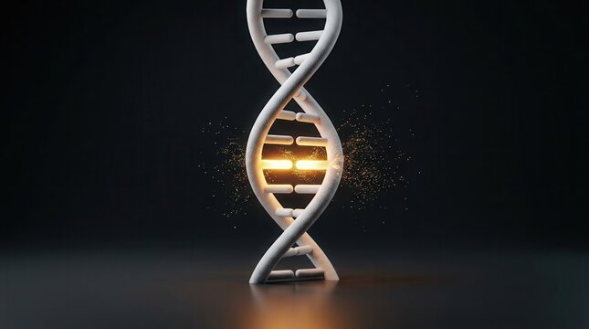 Precision genetic modification shown by a single DNA double helix with a glowing base edit.