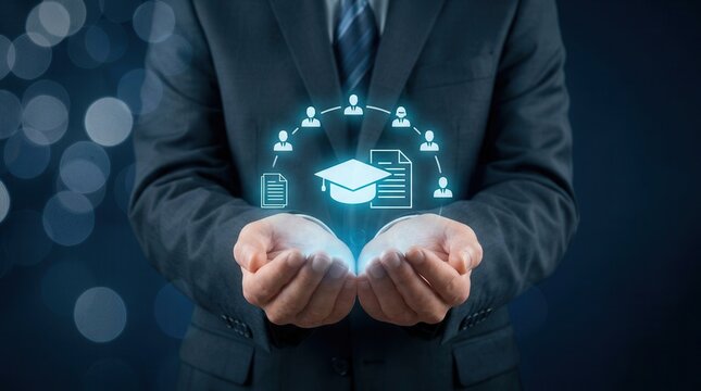 Professional holding icons for graduation, documents, and connected users to represent micro credentials.
