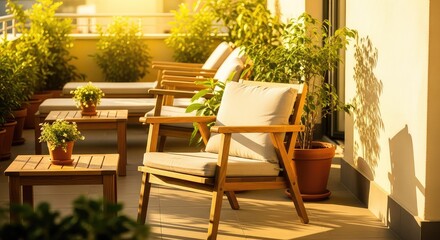 Fototapeta premium Sun-drenched outdoor terrace during a bright summer afternoon with golden light hitting wooden furniture and green potted plants in pots, atmosphere, sun, serene