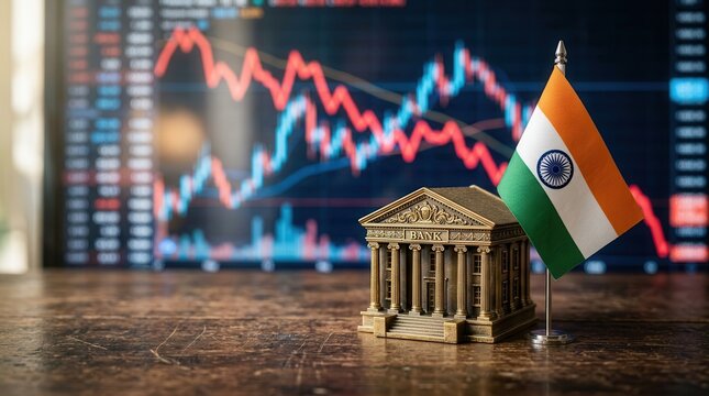 Indian flag alongside a miniature bank set against a downward trend stock market graph.