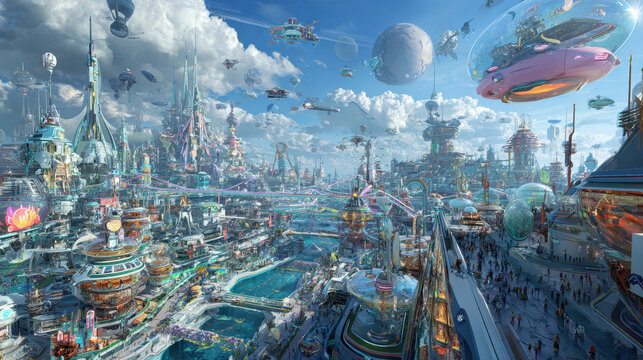 Futuristic utopian sci fi city panorama high tech skyscrapers flying vehicles crowd of people walking river canal space stations planets in the sky digital fantasy concept illustration banner