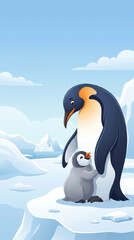 Obraz premium Penguin mother and chick symbolizing protection, care and nourishment, cartoon semi-realistic illustration, World Breastfeeding Day