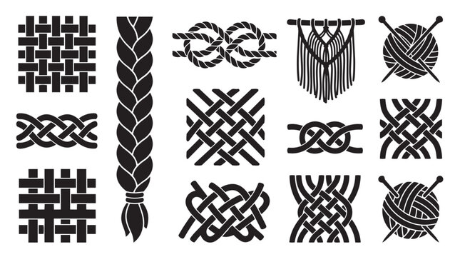 Set of fiber craft and textile knotting vector icons with knitting needlework handmade creative