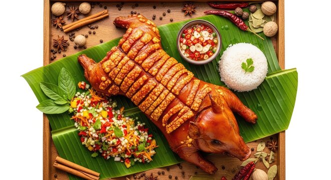 Top view of roasted suckling pig with minced vegetable salad, fresh chili relish, and rice on banana leaves over a rustic tray with spices, rustic, roasted pig, spicy