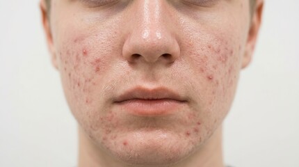 Naklejka premium Close-Up of Teen Boy s Acne-Prone Skin: Red Pimples, Whiteheads & Blemishes on Face Dermatology