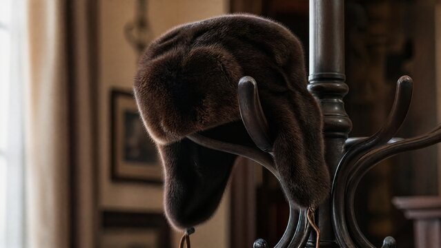 Deep brown bearskin ushanka hat resting on a dark wooden coat rack.