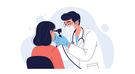 Fototapeta premium Doctor examining patient's ear with otoscope, modern flat illustration of healthcare and medical check-up