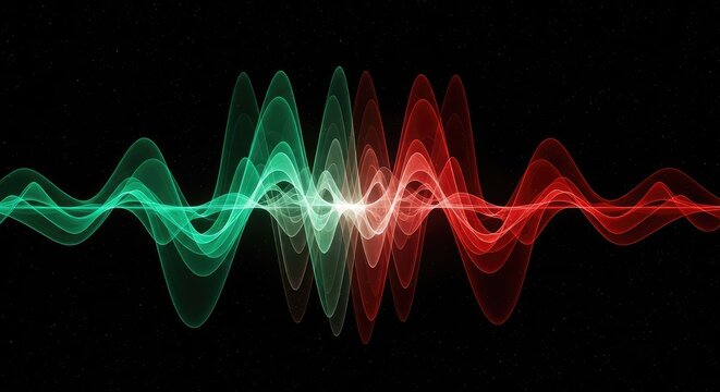 Vibrant emerald and ruby energy waves erupt across a dark cosmic void, creating a stunning celestial light show in the deep universe, colorful, fiction, galaxy