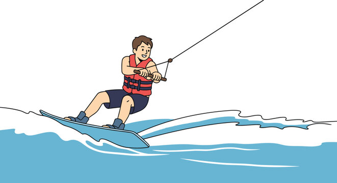 Athletic young man wearing a red life jacket wakeboarding behind a boat over blue water waves during a fun summer adventure outdoor activity.
