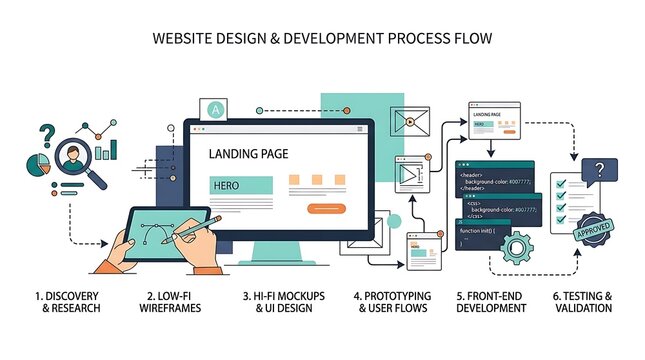 Website design and development process flow infographic with steps