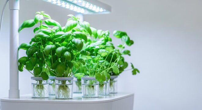 Vibrant green herbs thrive in a modern indoor hydroponic system, illuminated by cool blue LED grow lights in a clean and sustainable setup, smart, organic, led