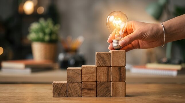 Strategic impact through organized ideas and innovation visualized with a light bulb and rising wooden blocks.