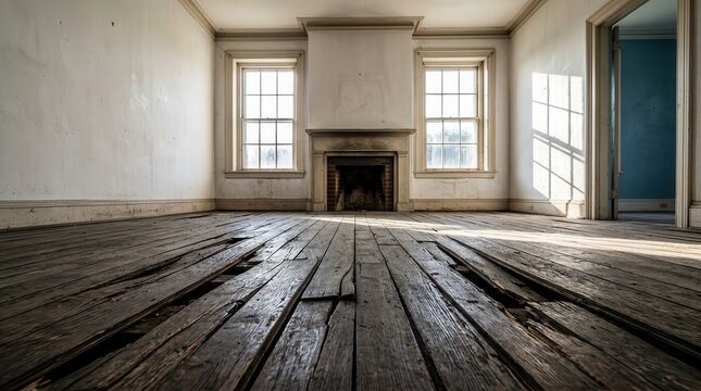 Empty room with sunlight through windows and a visibly damaged wooden floor showing decay.