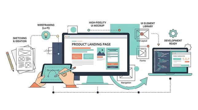 Website design process with computer and tablet on white background