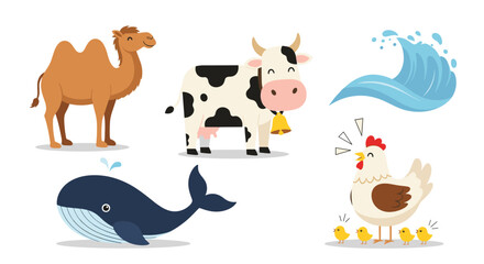 Obraz premium Diverse collection of colorful cartoon animal illustrations including a camel, cow, whale, and chicken alongside a stylized blue ocean wave.