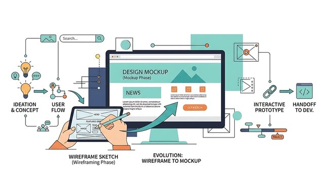 Wireframe sketch to mockup evolution on computer and tablet isolated on white background