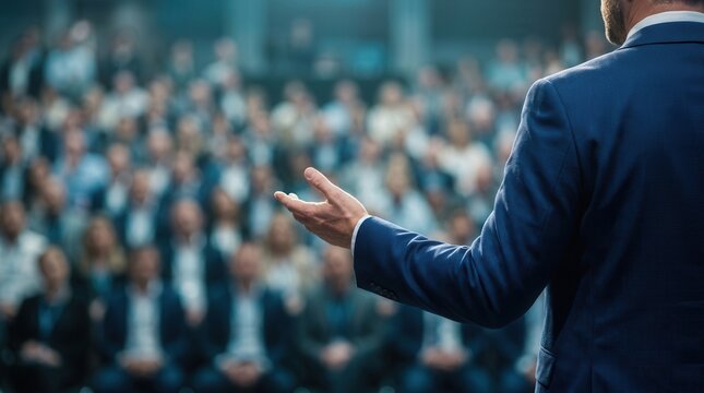 A business leader delivering a speech to a large audience to drive corporate culture.