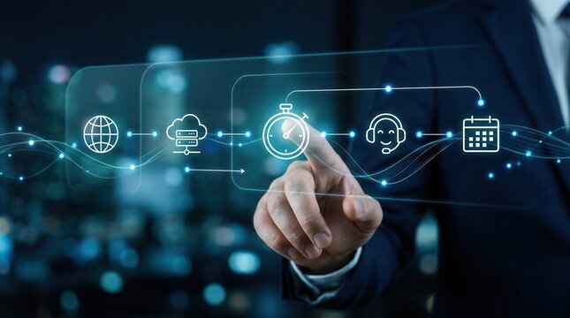 A person touching a digital screen to manage response and resolution times in SLA.