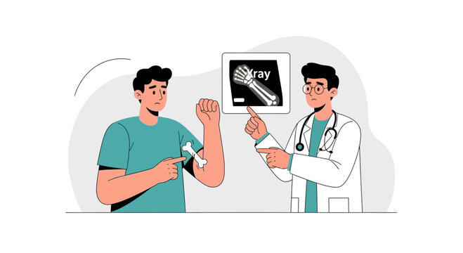 Doctor Explains X-ray Image of Broken Arm Bone to Patient with Bone Fracture