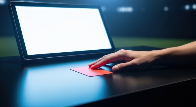 Human hand reaches out to touch a vibrant red card placed on a dark sleek desk beside a glowing monitor