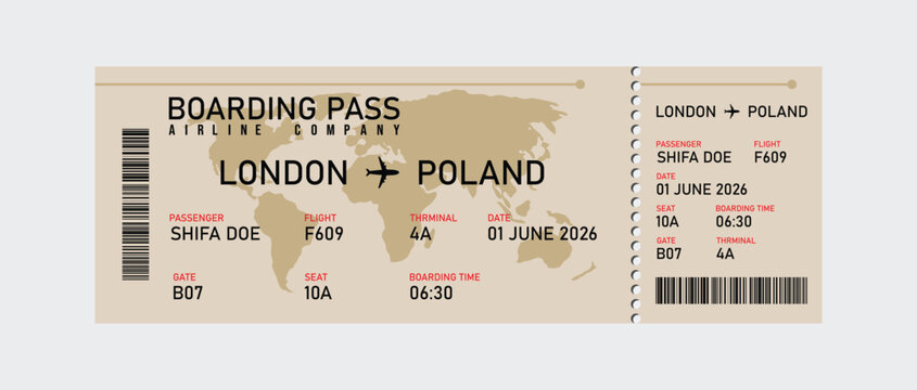Retro-styled travel boarding pass ticket from london to poland, dated june 2026 travel ticket