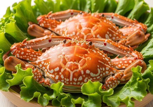 Two boiled blue crabs are served on a bed of fresh green lettuce leaves during a gourmet seafood dinner prepared to satisfy those who enjoy eating high quality marine crustaceans at their table