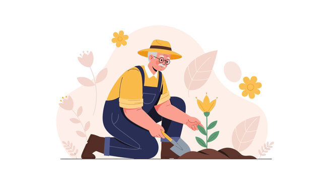 Elderly farmer planting a flower in a garden, flat design illustration, concept of nature and hobby