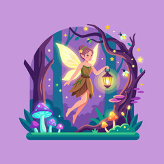 Fototapeta premium A magical forest fairy holds a glowing lantern in the woods