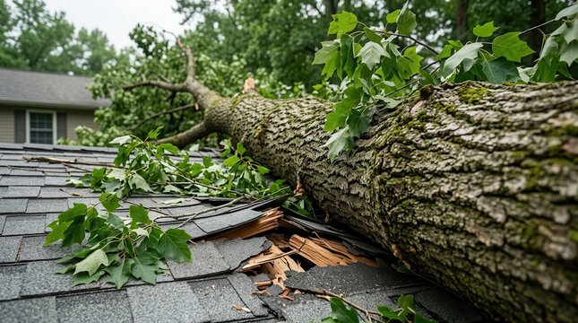 Emergency roof repair after a massive tree fell onto residential shingles.