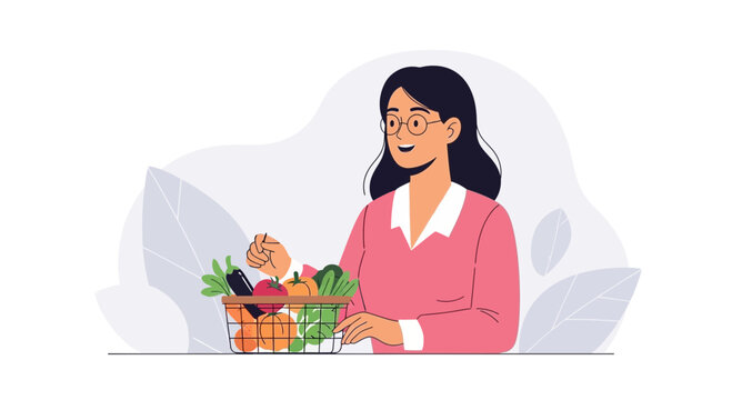 Happy Woman with Basket of Fresh Fruits and Vegetables, Healthy Eating Concept Illustration