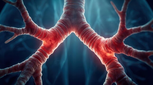 Medical illustration of inflamed bronchial tubes and airway inflammation related to asthma.