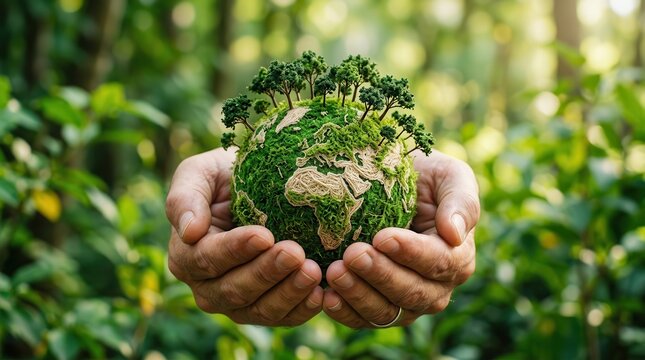 Mindful buying patterns and environmental responsibility illustrated by a small mossy world.