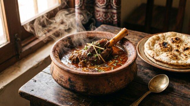 Authentic South Asian Nihari Lamb Trotters Stew with Rising Steam