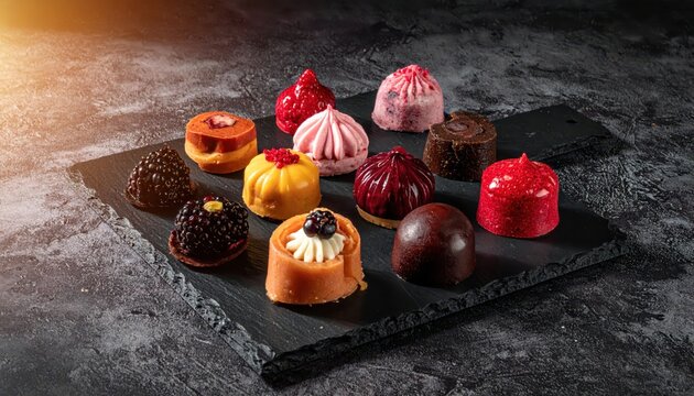 Artisanal fruit pastilles in a vibrant arrangement each with a distinct flavor and topping displayed elegantly on dark slate.