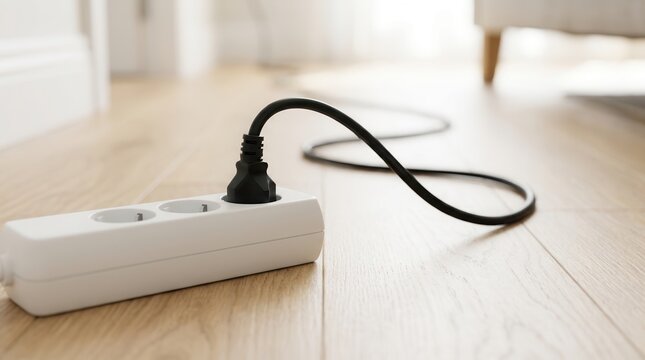 Multiple outlets on a white power strip providing electrical connection for charging devices in a modern home.