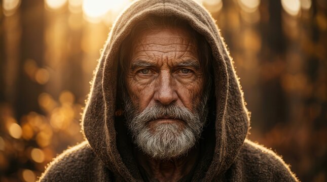 Elderly storyteller archetype with an aged face and deep thoughtful gaze wearing a brown hood.