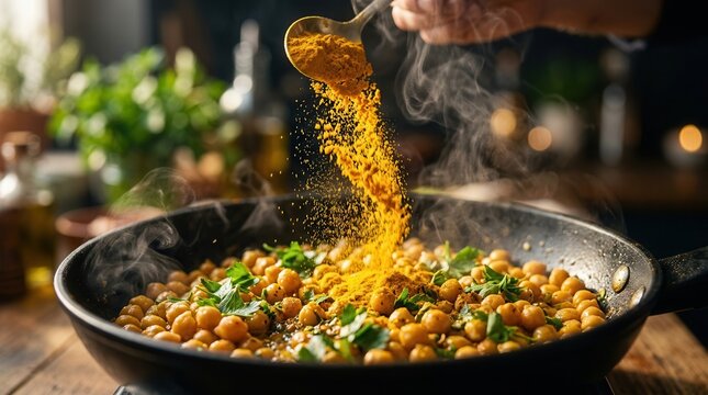 Spices and ingredients for a delicious meal featuring turmeric powder, chickpeas, and parsley.