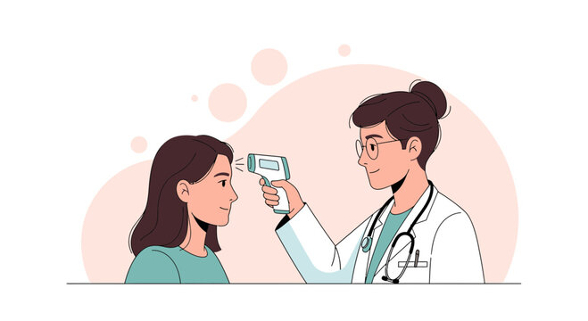 Doctor taking patient's temperature with infrared thermometer during health screening, modern flat vector illustration