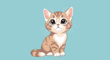 Fototapeta premium Adorable tabby kitten with large green eyes sitting calmly and looking upwards on a soft light blue background illustration.
