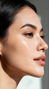 Vertical video of a woman with glowing skin. Close-up profile of a model with a dewy complexion. Skincare and copper peptides concept